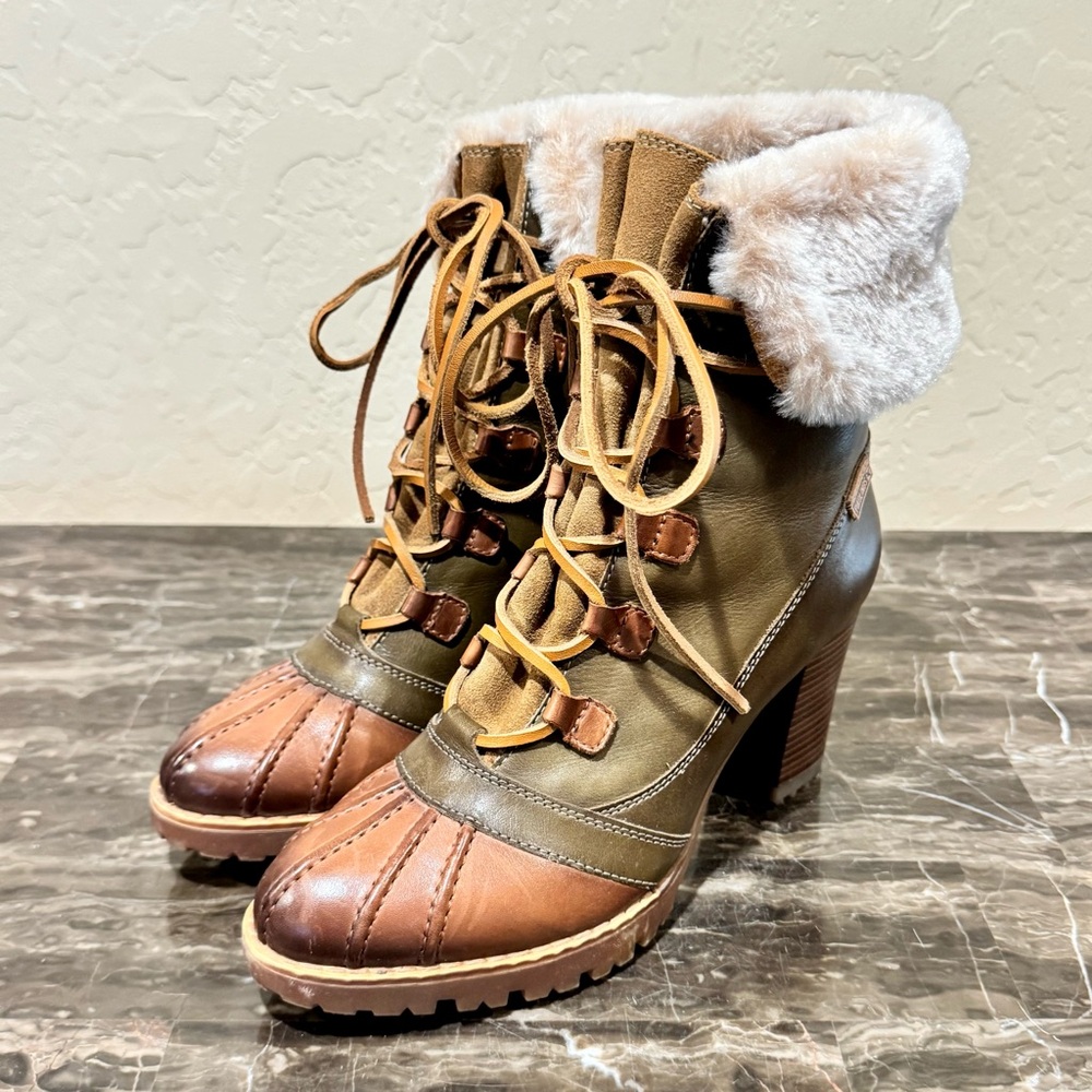 Pikolinos Siena Faux Fur Trimmed Heeled Leather Ankle Boots - Picture 4 of 12